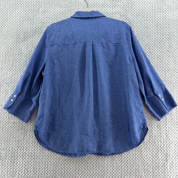 Chicos Top Womens 2 US12 Blue Linen Chambray Button Front 3/4 Sleeves Casual - Picture 6 of 12